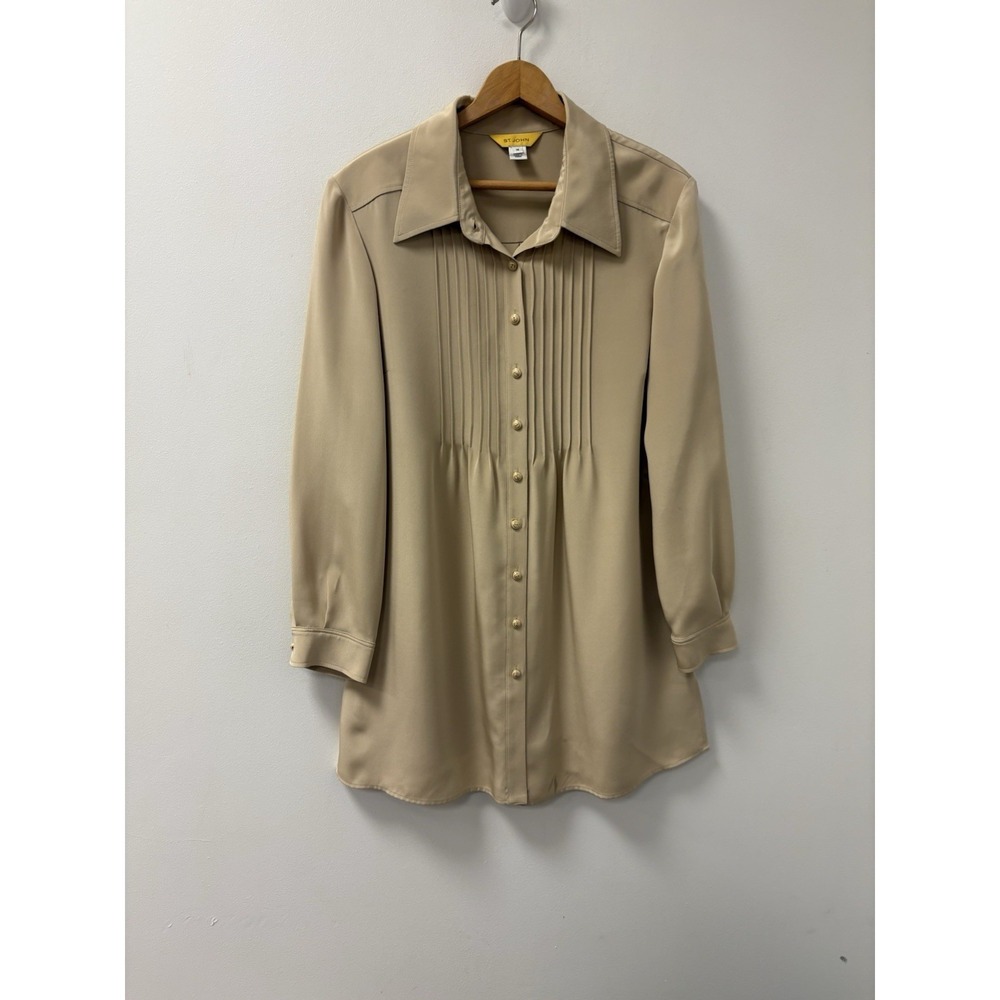 St John Pleated Gold Satin Blouse Vintage Button Sz 14